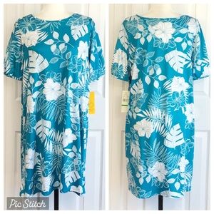 NWT Ruby Rd. Turquoise Tropical Floral Leaf Mini Shift Dress PL